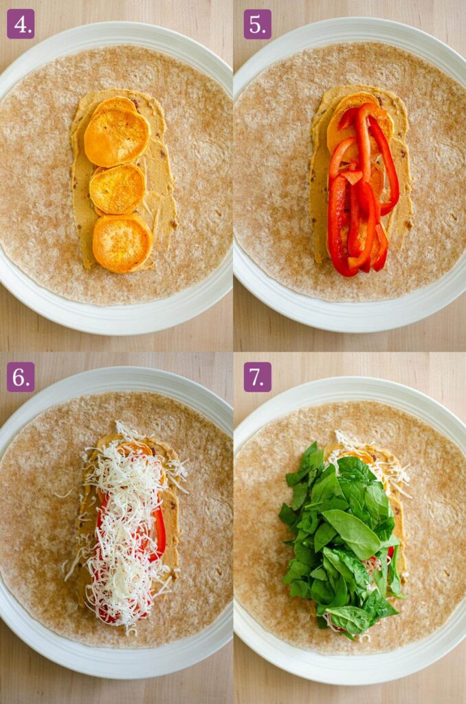 Steps for layering ingredients into the wrap.