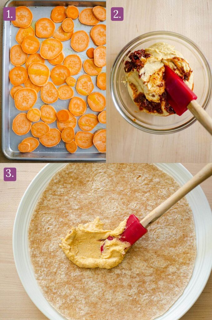 Steps for roasting sweet potatoes and making chipotle hummus.