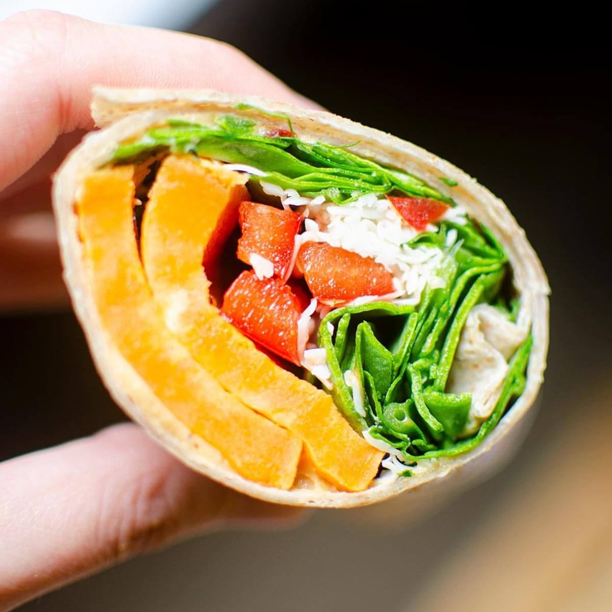 Closeup of sweet potato wrap.