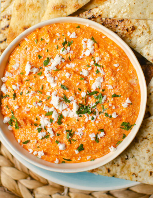 Closeup of dip in a white bowl.