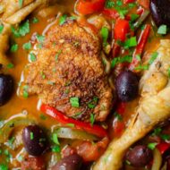 Closeup of cooked chicken dish.