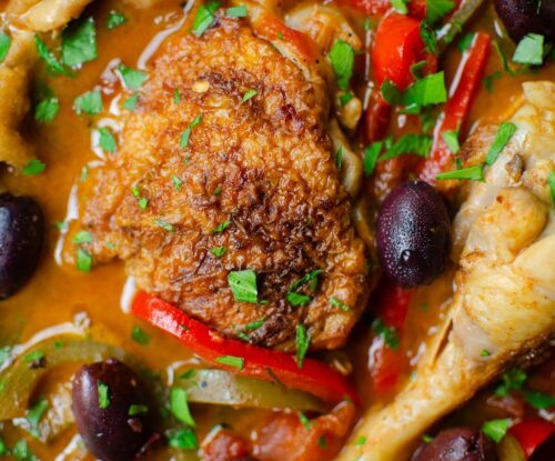 Closeup of cooked chicken dish.