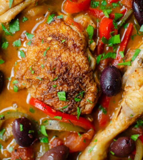 Closeup of cooked chicken dish.