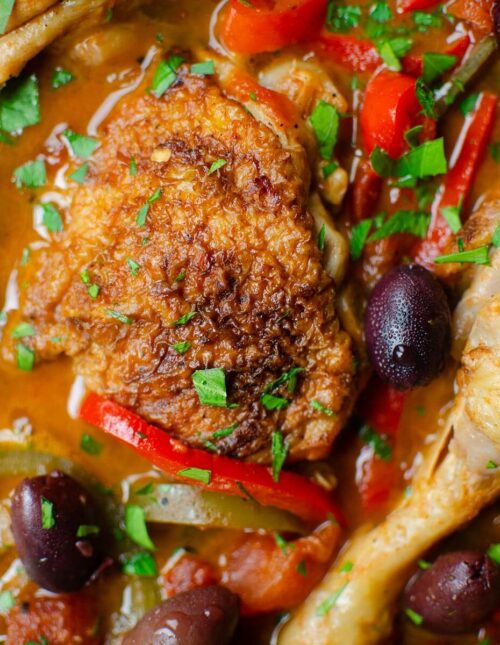 Closeup of cooked chicken dish.