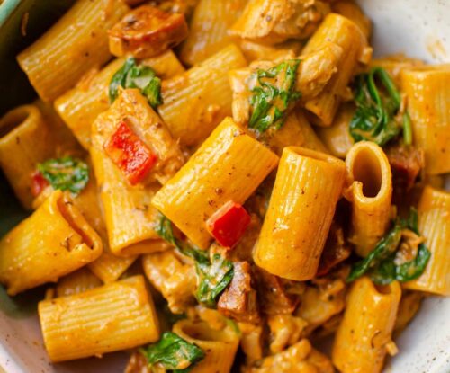 Closeup of a bowl of pasta.