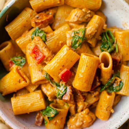 Closeup of a bowl of pasta.