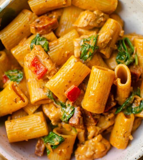 Closeup of a bowl of pasta.