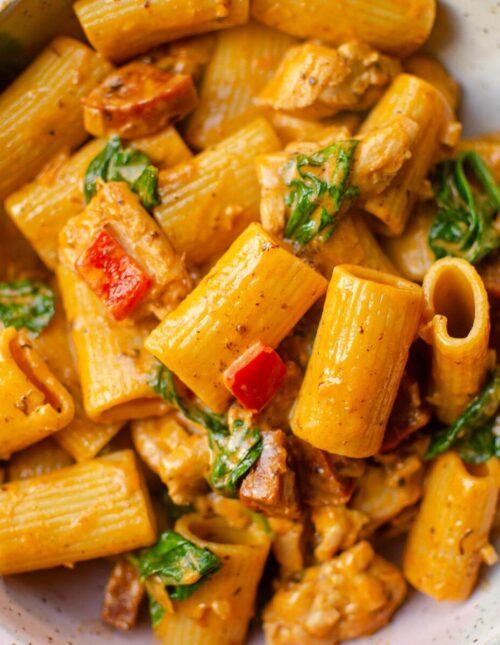 Closeup of a bowl of pasta.