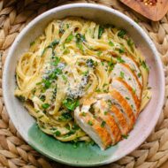Closeup of a plate of pasta with chicken.