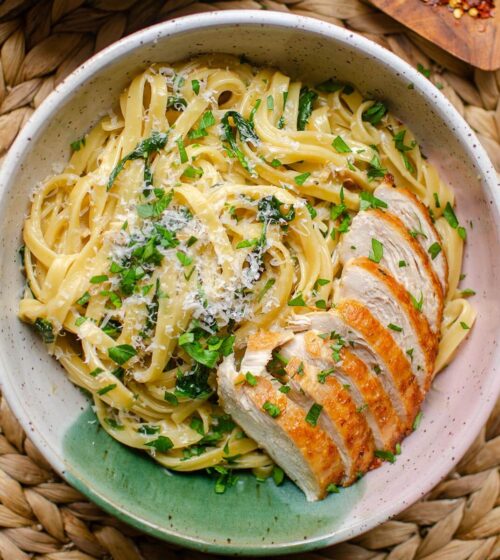 Closeup of a plate of pasta with chicken.