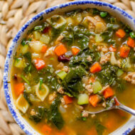 Closeup of a serving of soup.