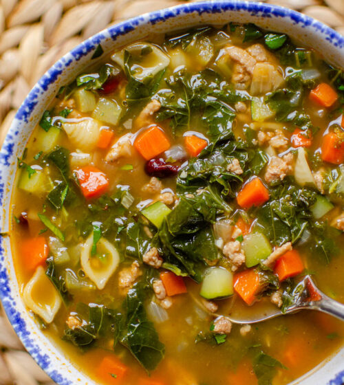 Closeup of a serving of soup.