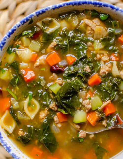 Closeup of a serving of soup.